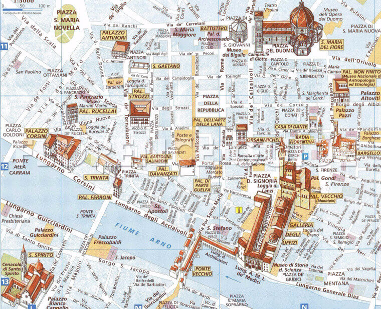 Carte des sites touristiques majeurs à Florence